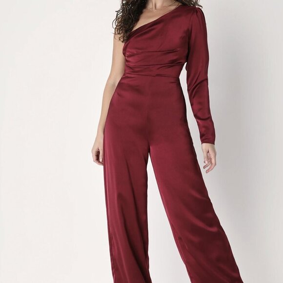NWT Lulus Passionate About Perfection Wine Red Satin One-Shoulder Jumpsuit (SM) - Picture 2 of 8